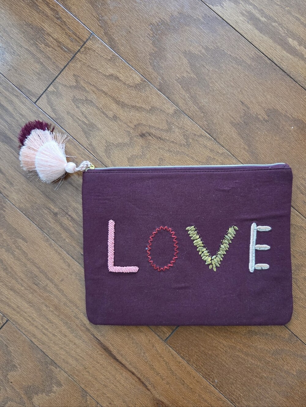 Stella & Dot Burgundy Embroidered "LOVE" Canvas Pouch Clutch with Tassel